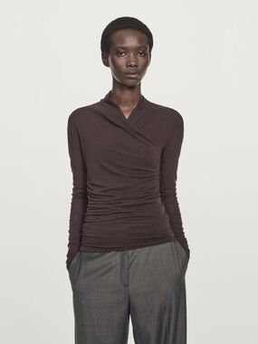 Zara Brown Wrap-Style Long Sleeve Top